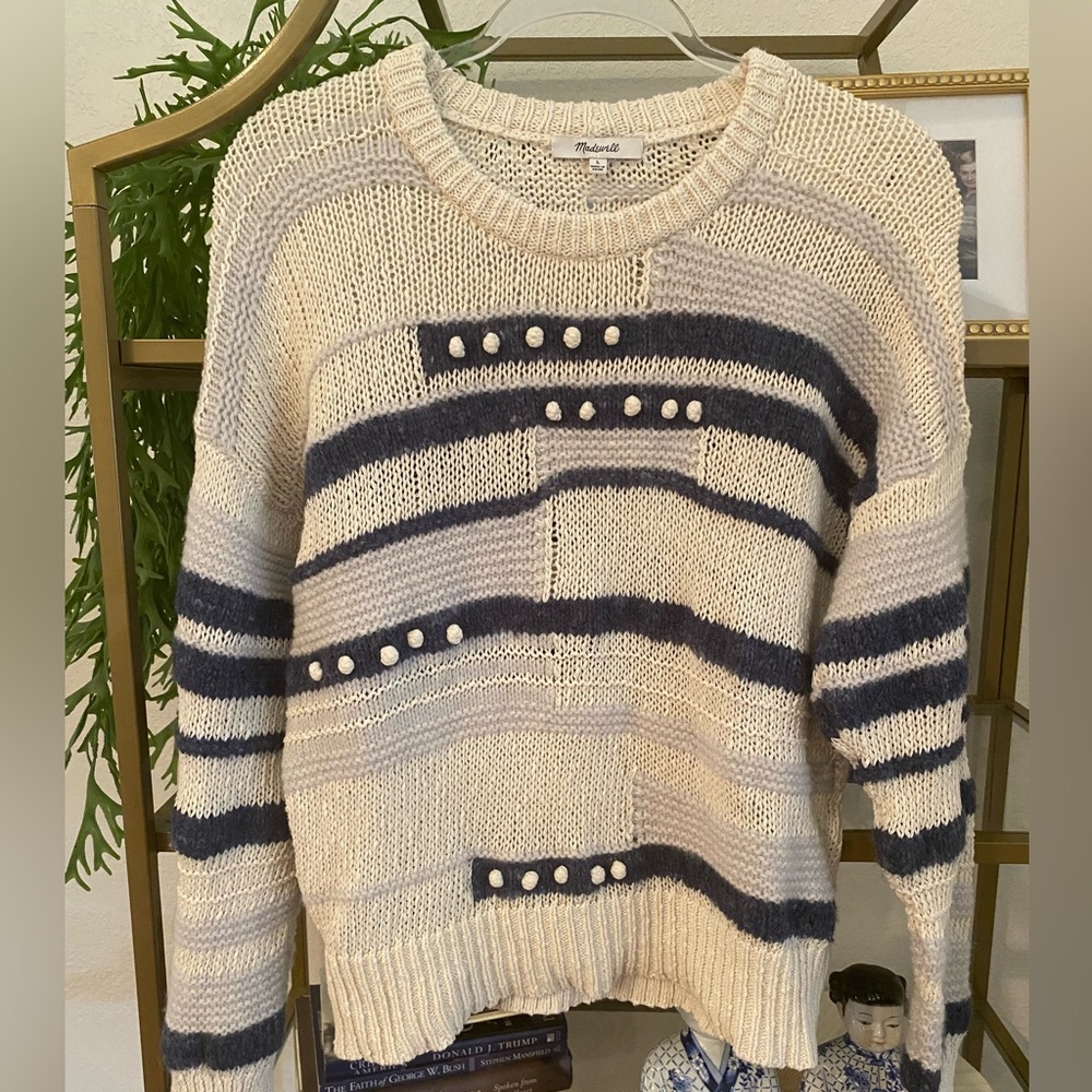 Madewell sweater sz L blue and beige striped & dots(knos) crew neck preworn